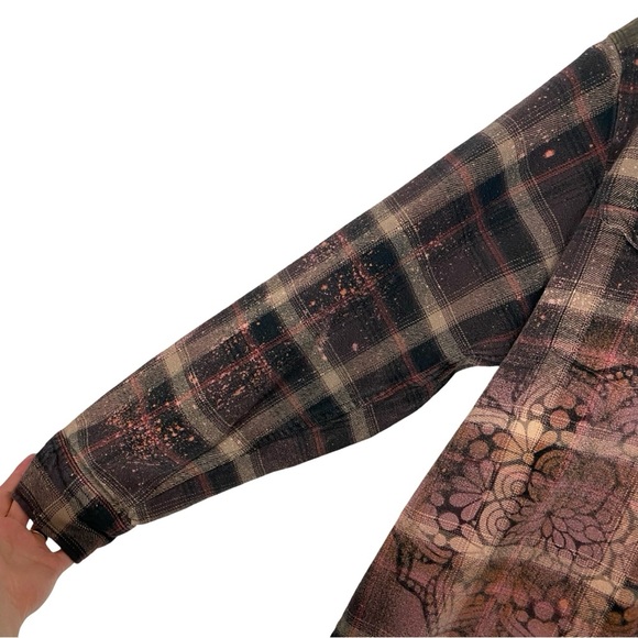 Handmade Floral Flannel Shirt Shacket Womens Plus XXL Bleached Plaid Button Down - Picture 8 of 13